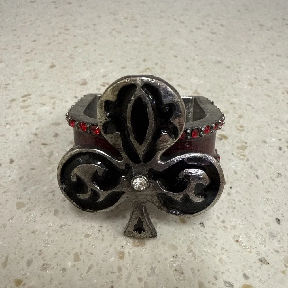4 Metal Napkin Rings Card Suits Heart Diamond Spade Clover Red Black Rhinestones